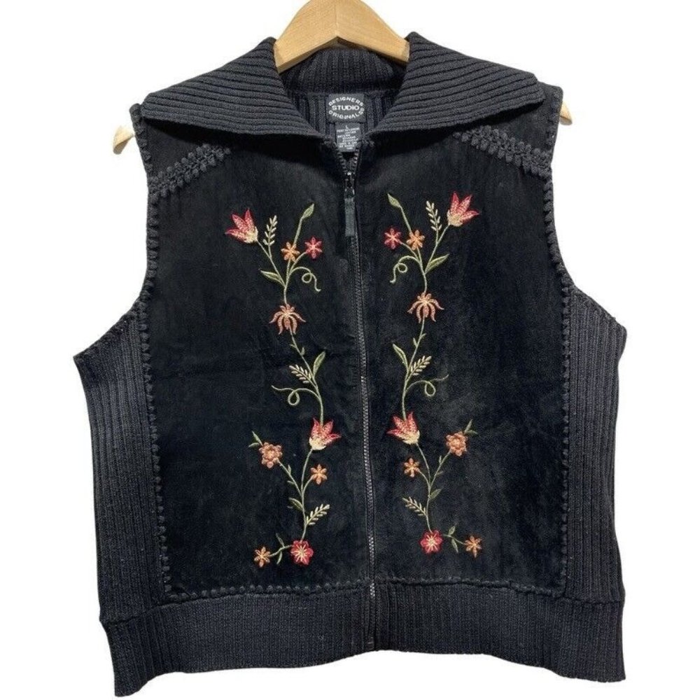 DESIGNERS STUDIO ORIGINALS Suede Leather Black Knit Embroidered Zip Up Vest  L